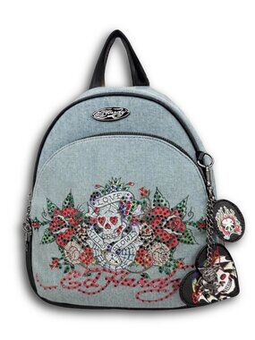 NWT Ed Hardy Denim Mini Backpack Love Kills Slowly Skull Roses Y2K